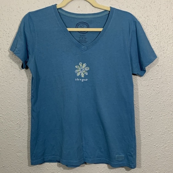 Life is Good Cadet Blue Happy Daisy Screen Print Short Sleeve Tee size S - Picture 1 of 10